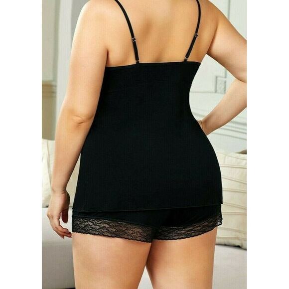 Women's Lingerie Black Lace Trim Vneck Pajama Set Camisole Tank Top Shorts 2X - Picture 3 of 4
